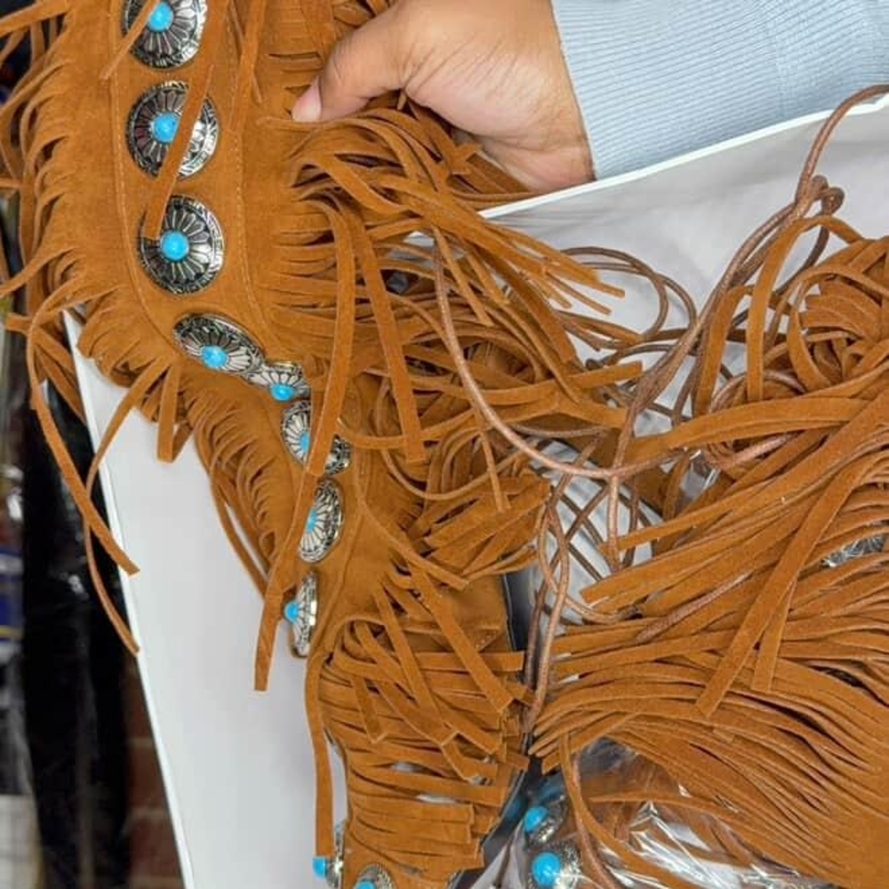 Brown and Blue Lace Up Boots with Fringe - Picture 1 of 5